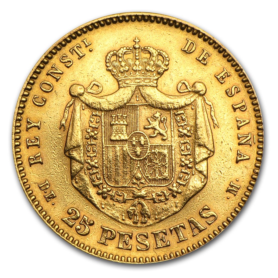 Spain 25 Pesetas Gold Coin (Year Varies)